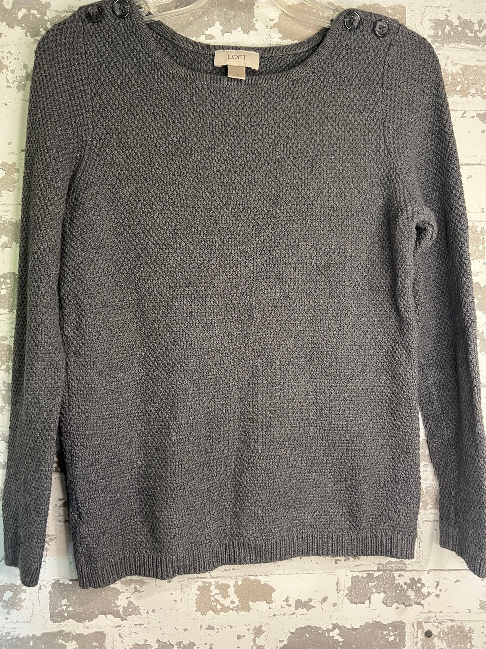 LOFT Gray Crewneck Sweater with Shoulder Buttons